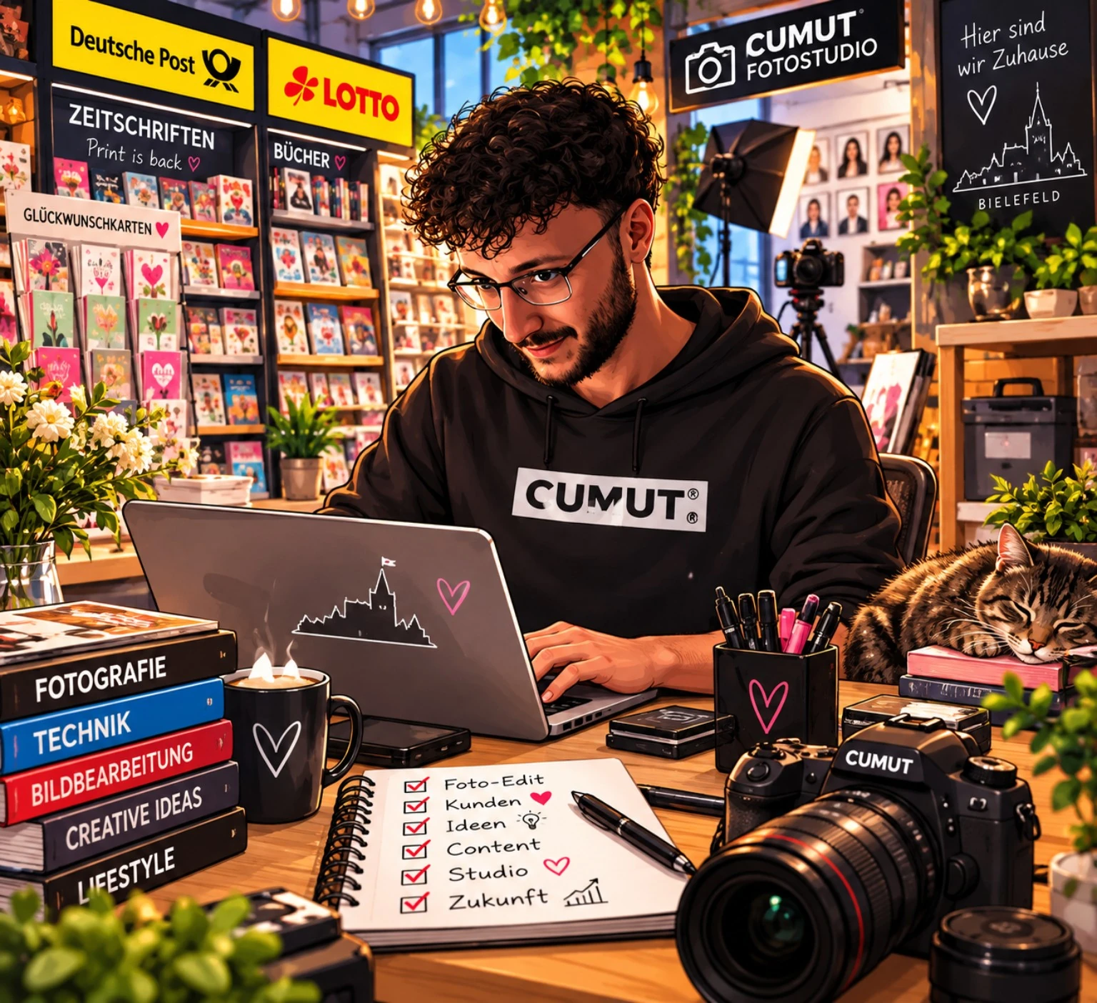 Karikatur von Ali Akbulut im CUMUT-Laden am Laptop, mit Kamera und Katze