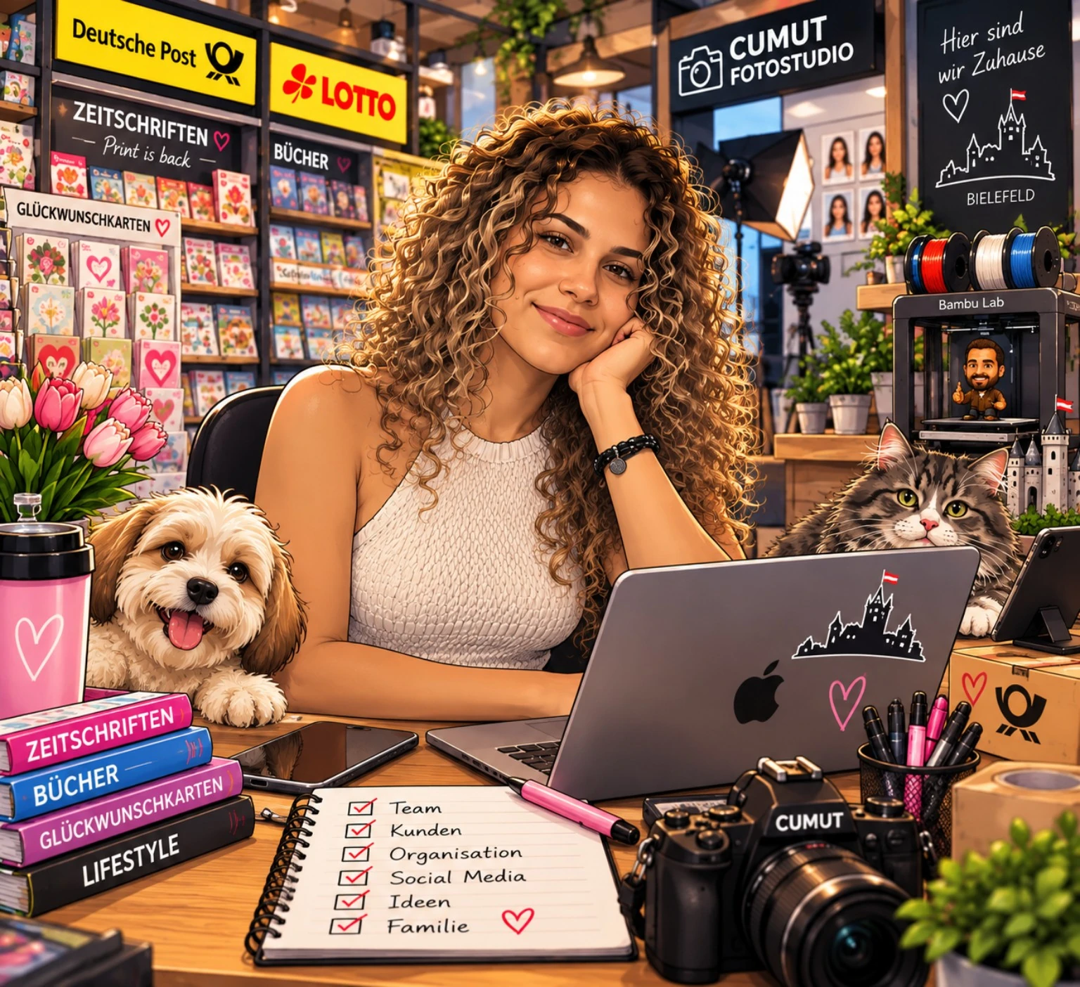 Karikatur von Bennu Cumut im CUMUT-Laden mit Post, Fotostudio, Hund und Katze