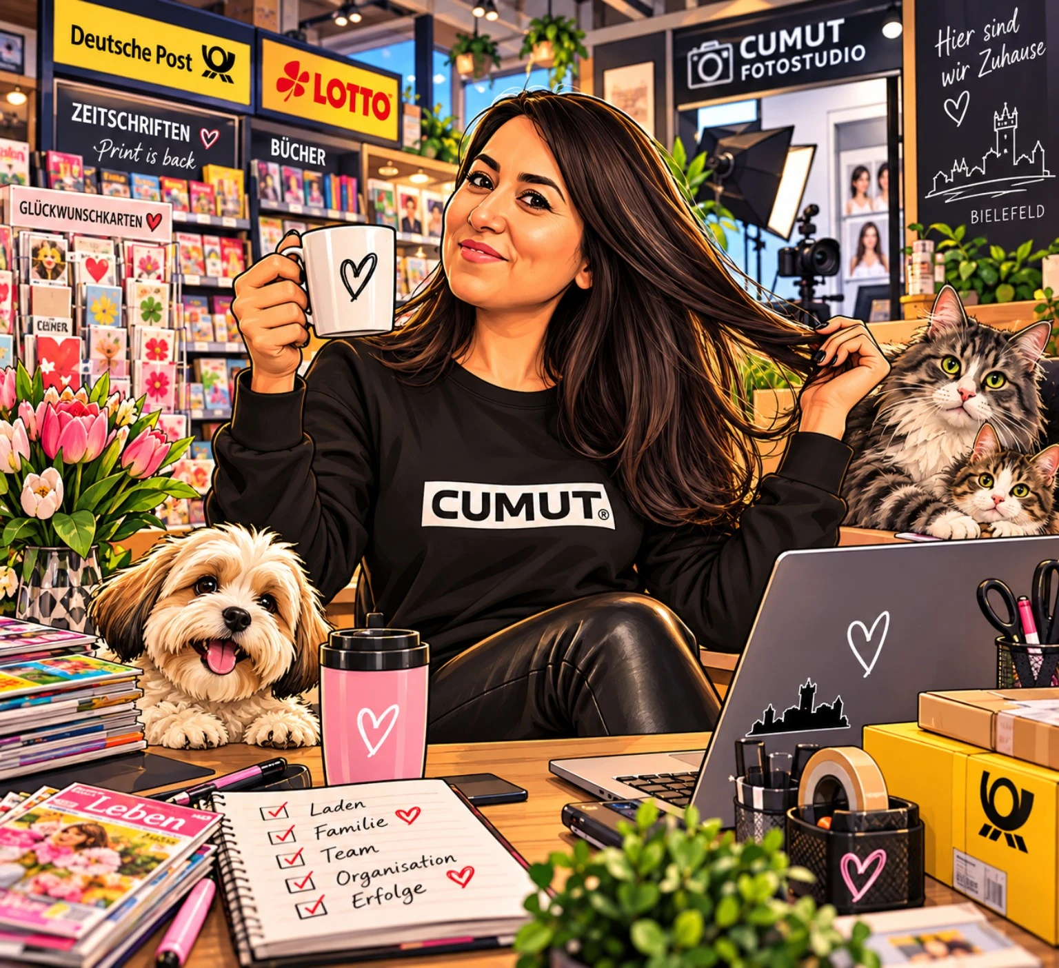 Karikatur von Fidan Cumut im CUMUT-Laden mit Post, Lotto, Fotostudio, Hund und Katzen