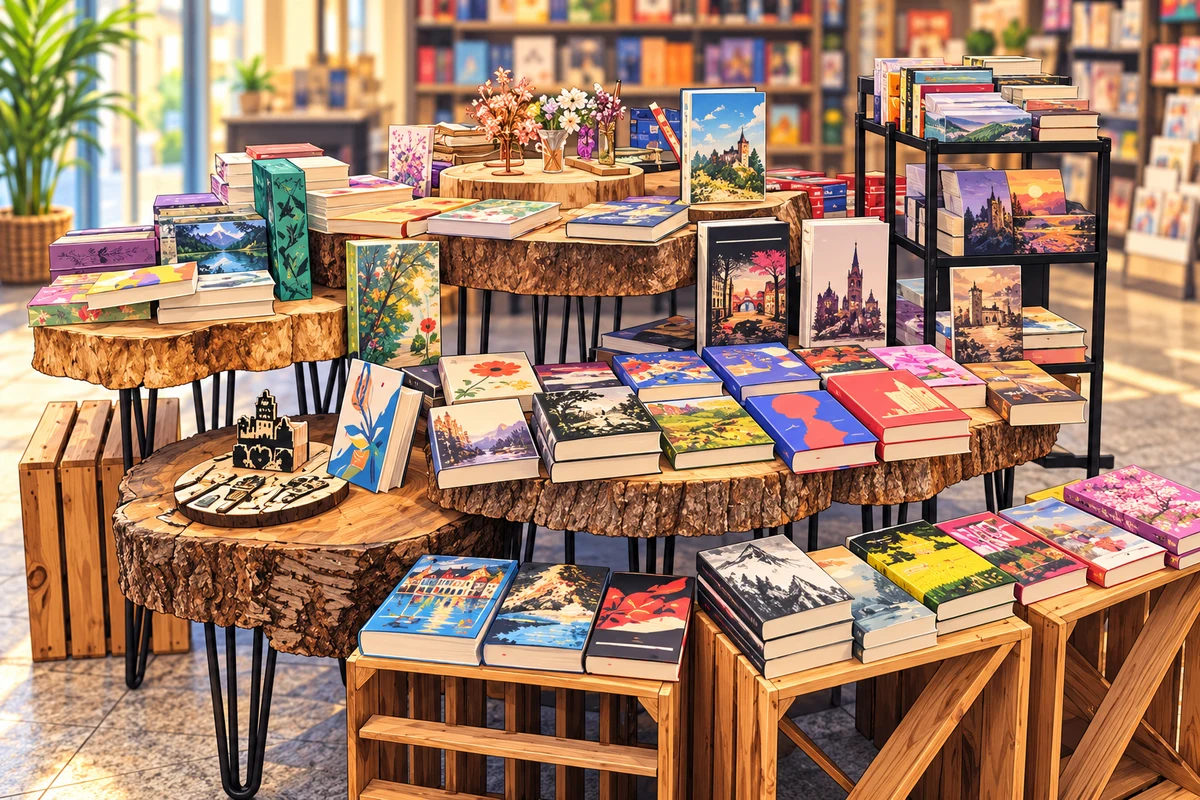 Weich gezeichnete Illustration unserer Büchertische aus Naturholz mit Romanen und vielfältigem Lesestoff