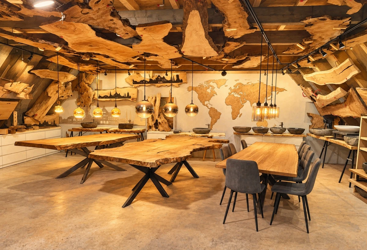 Weich gezeichnete Ansicht des Holzbursche-Showrooms mit besonderen Holztischen und weiteren Produkten