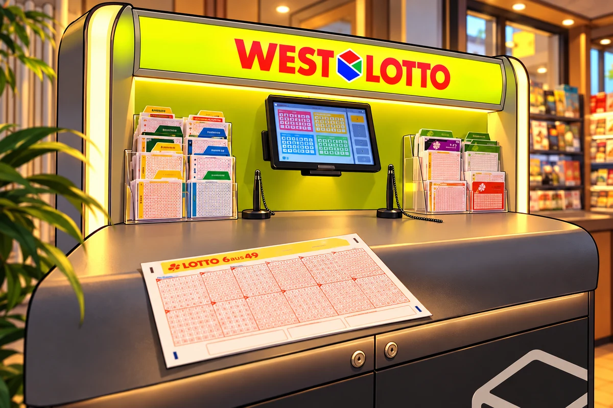 Illustration unseres WestLotto-Bereichs mit Lotto-Theke und leerem Spielschein im Karikaturstil
