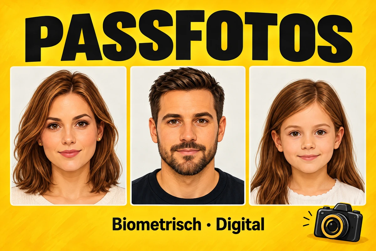 Illustratives Passfoto-Motiv mit drei erfundenen KI-Personen auf gelbem Hintergrund
