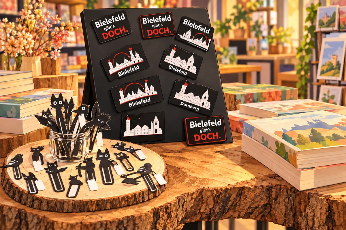 Weich gezeichnete Illustration unserer Bielefeld- und Dornberg-Magnete sowie kleinen Geschenkideen auf einem Holztisch
