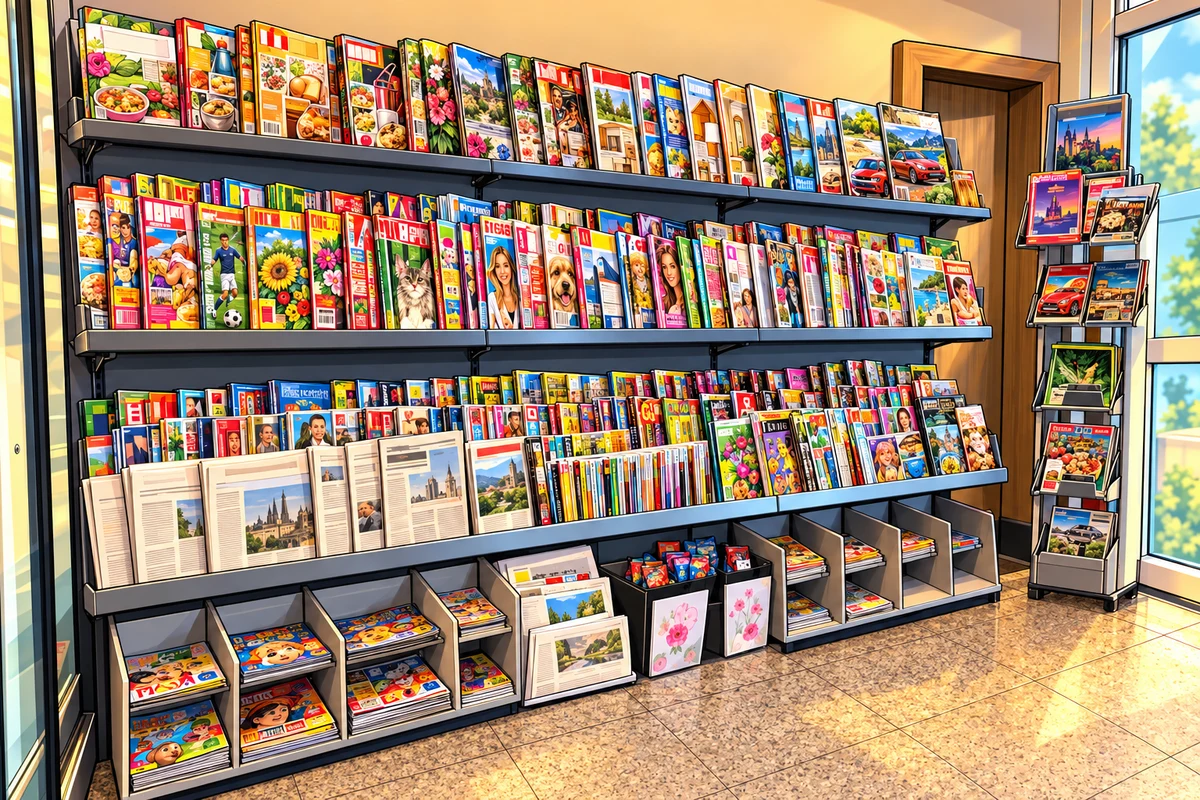 Unser Zeitschriftenregal mit vielfältigem Magazin- und Zeitungssortiment im Karikaturstil